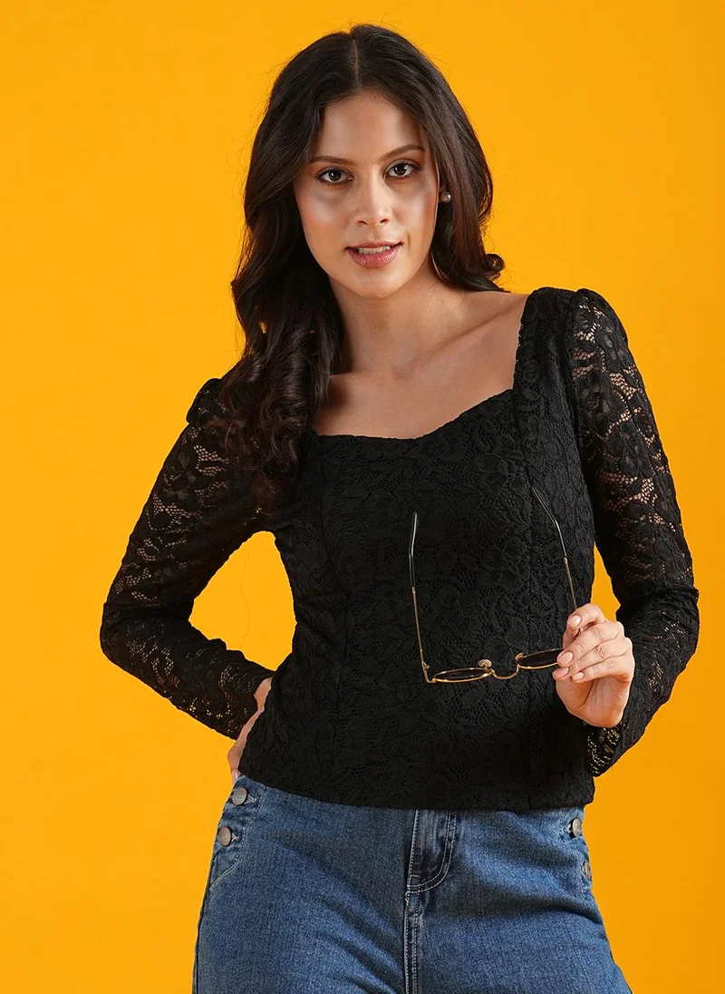 globus Globus Women Black Floral Self Design Sweetheart Neck Smocking Casual Top